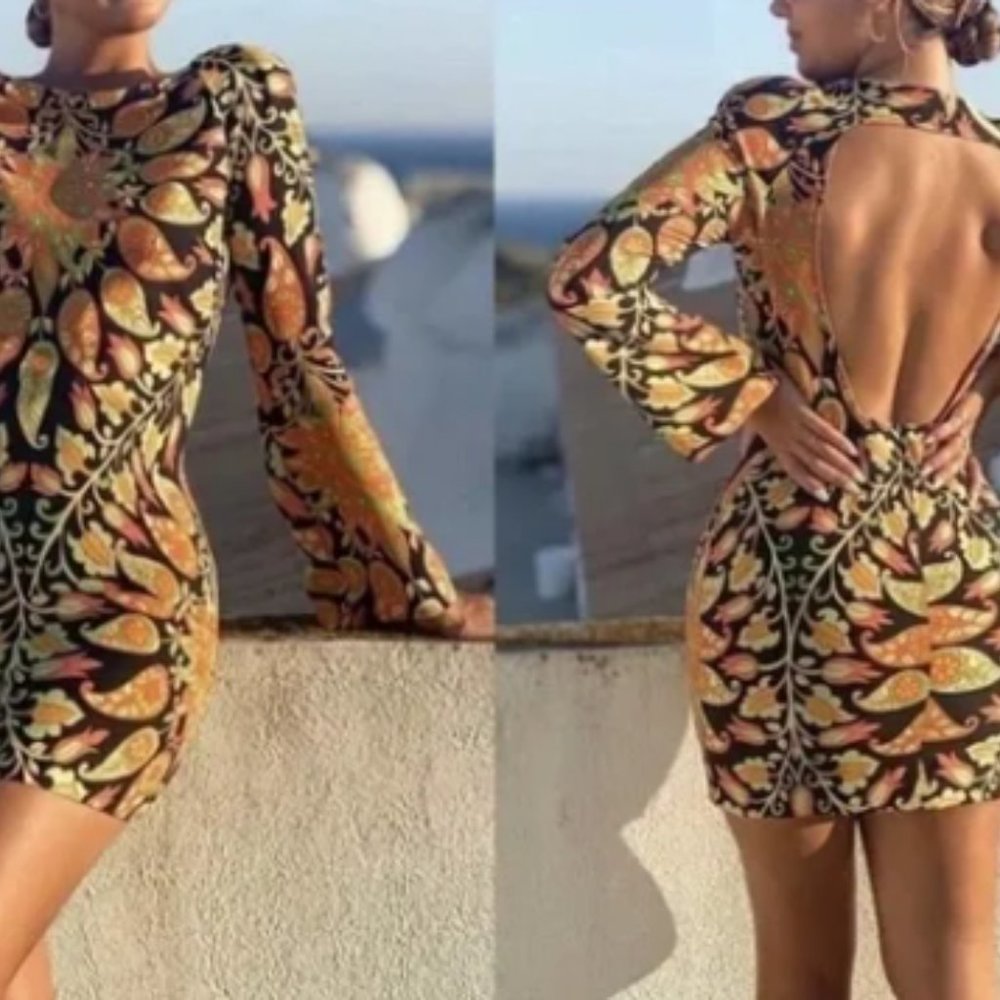NWT Zara printed fitted open back Multi Color Mini Dress - Picture 2 of 7